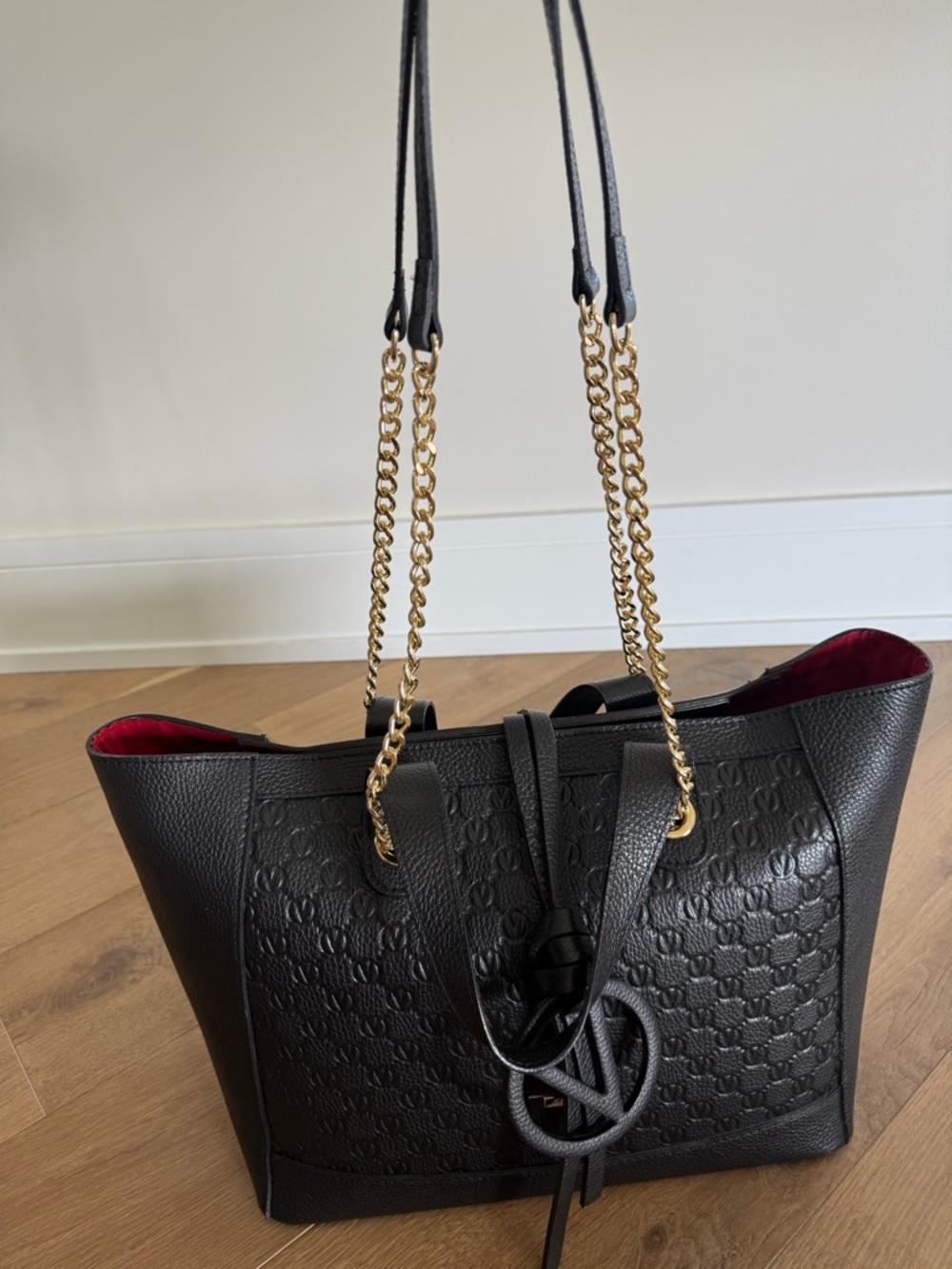 VALENTINO Black Leather Tote Bag with removable Gold Chain Handles